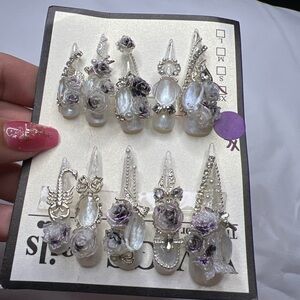 Elegant Silver and Purple handmade press on nails, long 3-D XS reusable